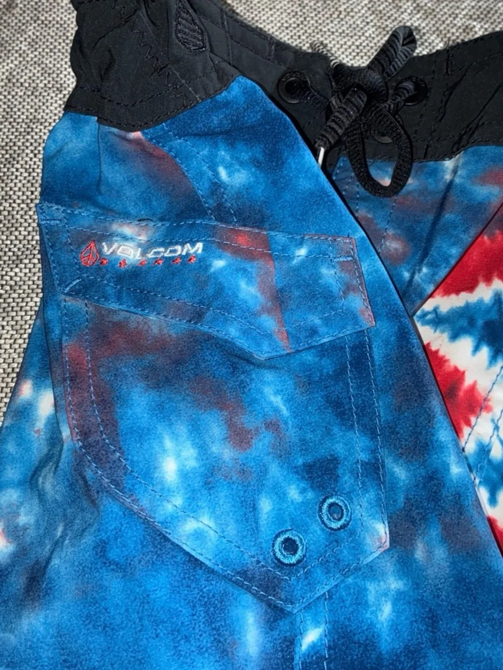 Toddler Tie-Dye Blue & Red Swim Trunks with Black Waistband